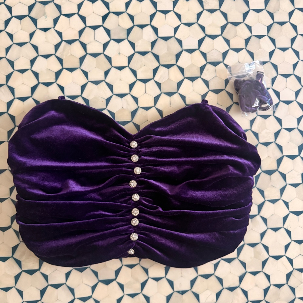 NWT Zara Purple Velvet Tube Crop Top with Rhinestone and detachable straps